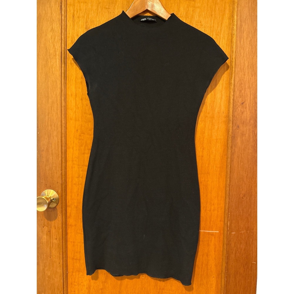 Zara dress Medium black bodycon cap sleeve‎ high neck stretch